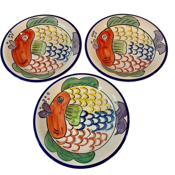 Pescada Fish 8” Plates Tabletops Unlimited Hand Painted Talavera Look Colorful - Picture 2 of 7